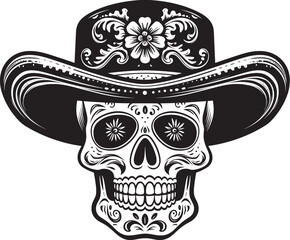 Vector sugar skull donning a sombrero in black and white.