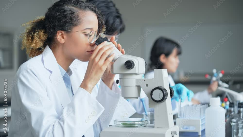 Poster multinational researcher group experimenting in the lab. research and development.