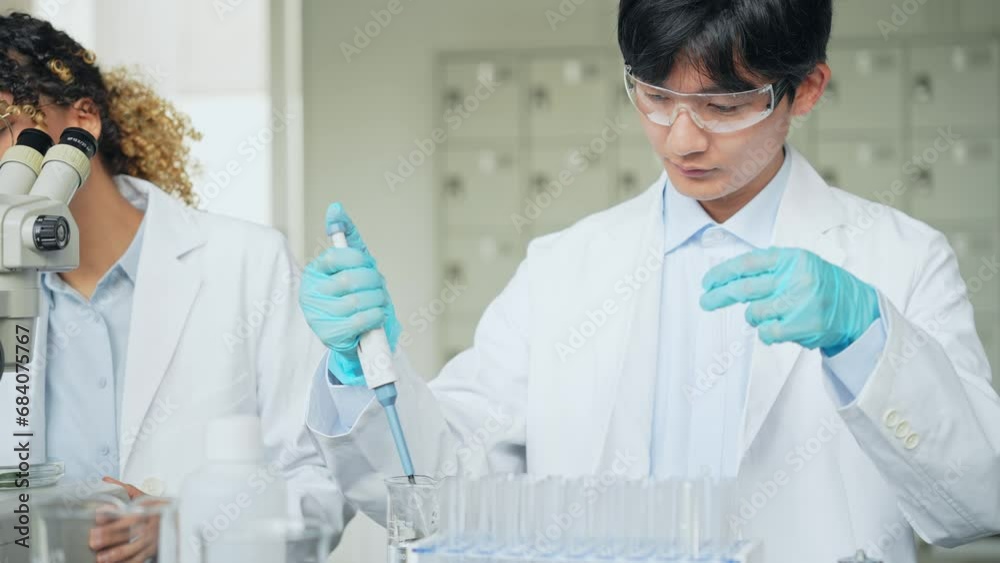 Poster multinational researcher group experimenting in the lab. research and development.