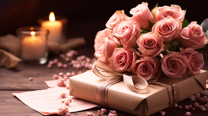 Bouquet of beautiful pink roses on gift in room. Valentine's Day.
