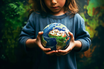 World Earth Day with hands for protecting planet together background.. Green energy ESG Renewable and Sustainable Resources and CSR. Environmental Care. Hands of People Embracing a Handmade Globe.