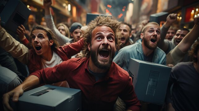 A distraught man with a crowd of buyers runs with gift box from a store for seasonal sales, discounts