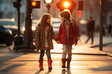 Two children couple crossing road on crosswalk at red traffic light in city cars on background. Kid go on road without looking at sides. Dangerous safety rules traffic law emergency situation concept