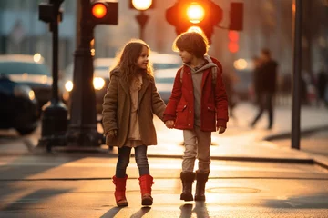 Deurstickers Two children couple crossing road on crosswalk at red traffic light in city cars on background. Kid go on road without looking at sides. Dangerous safety rules traffic law emergency situation concept © Valeriia