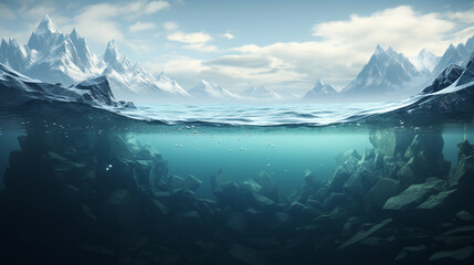 rocky landscape above and under water in light blue tones, perfect as a background image