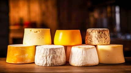 Natural wheel of cheeses against rustic interior backdrop, highlighting the art of cheesemaking and the pleasure of savoring authentic, natural products. Cheese tasting