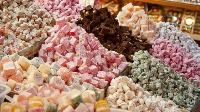 turkish delight or lokum of red, green, orange and yellow colors 
