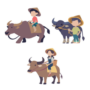 Countryside Joy: Happy Young filipino Farmers riding a Carabao Buffalo