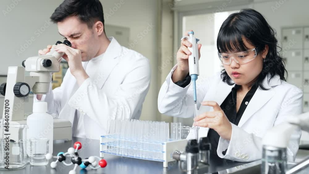 Aufkleber multinational researcher group experimenting in the lab. research and development.