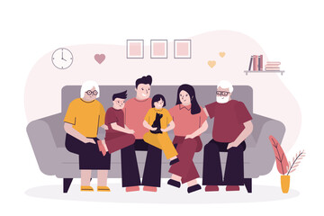 Happy family portrait, people sitting on the sofa. Grandparents, father, mother, son and daughter together at home. Parents and children in living room interior.
