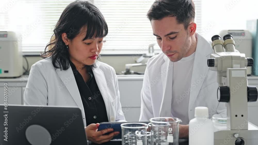 Poster multinational researcher group experimenting in the lab. research and development.