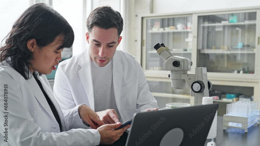 Poster multinational researcher group experimenting in the lab. research and development.