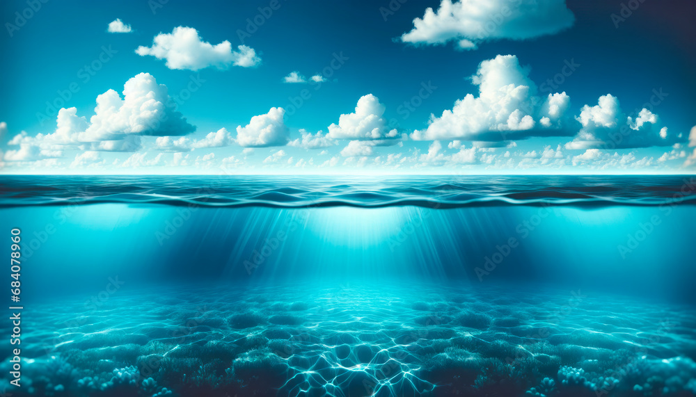Poster Split level underwater view with sky and clouds visible above water. Nature background. Dual perspective concept. Generative AI