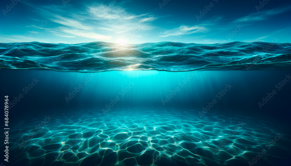 Poster underwater ocean view with sun glaring above the waves. bright ocean background. generative ai
