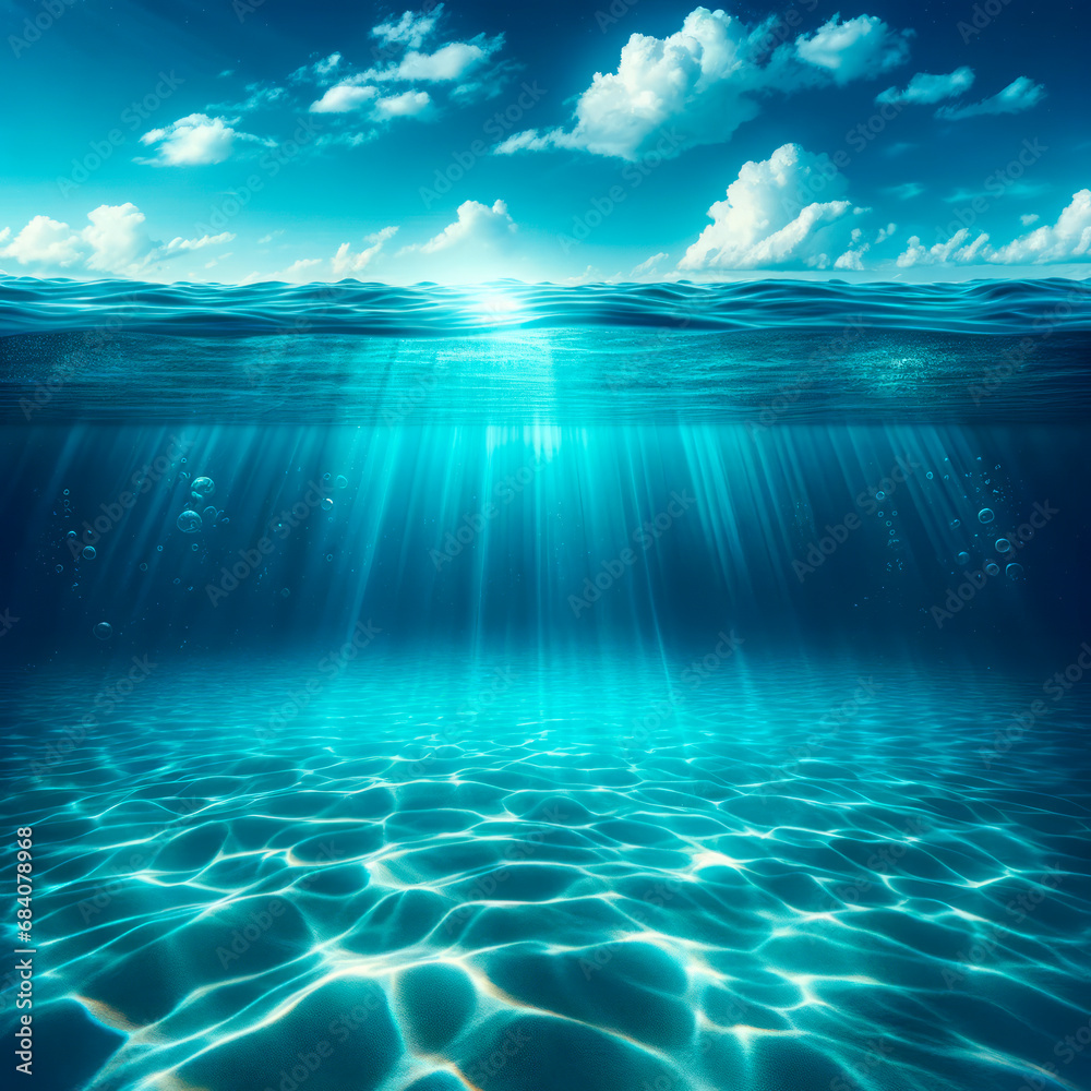 Poster sunlight streaming through water to ocean floor. underwater serenity background. generative ai