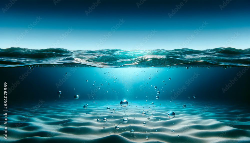 Poster Split view of water surface and underwater with sunrays. Ocean split level background. Dual perspective concept. Generative AI