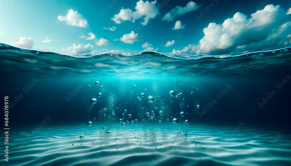 Poster Underwater view with bubbles ascending towards the sea surface. Deep ocean background. Generative AI