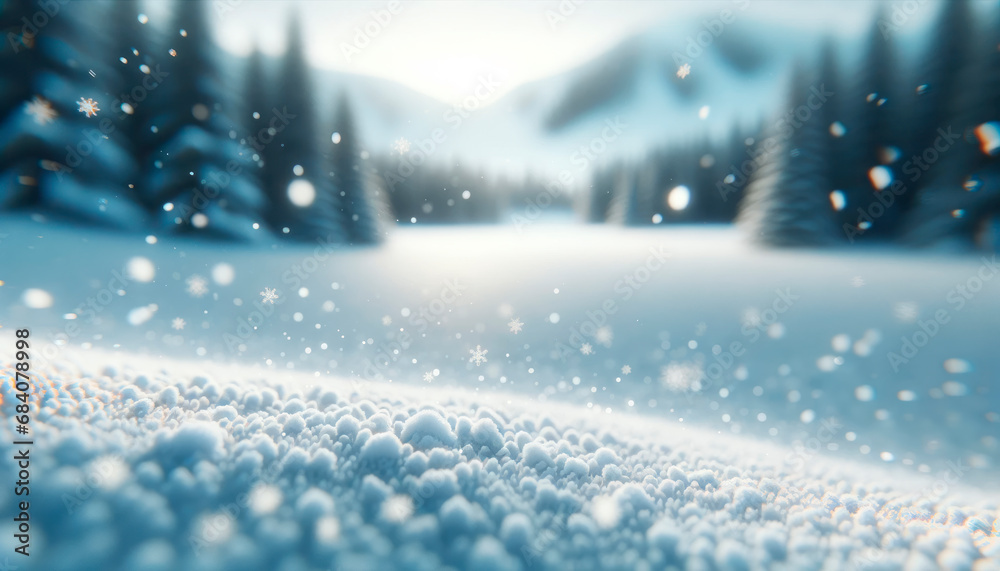 Poster snow covered surface with gentle snowflakes falling, tranquil forest in blur. winter calmness concep