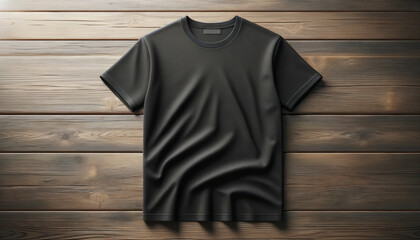 Black t-shirt with soft natural folds on wooden background, elegant presentation. Generative AI
