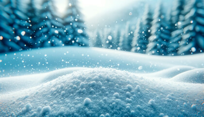 Sparkling snowflakes above smooth snow drifts, blue winter woods background. Magical moment concept. Generative AI