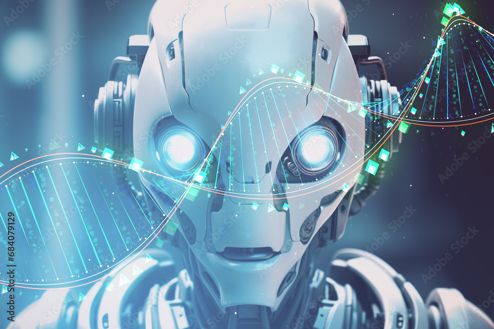 Poster Close-up of android face with glowing DNA structure, Generative AI