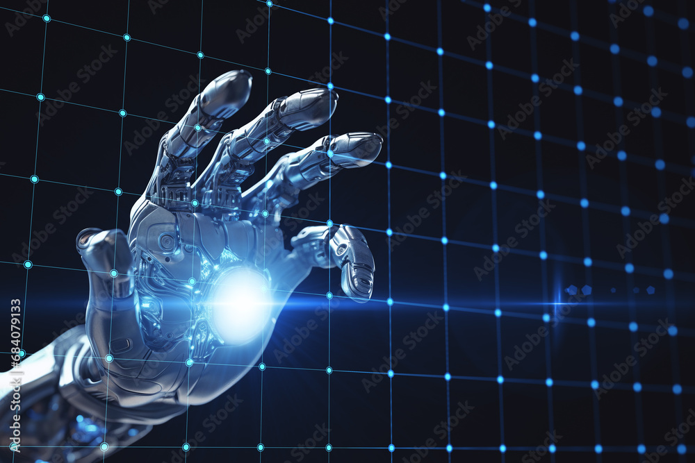 Aufkleber Advanced robotic hand with glowing nodes, Generative AI