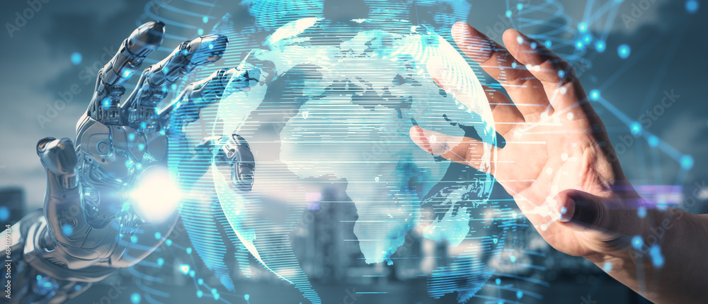 Poster robot hand and human touch over digital globe, generative ai