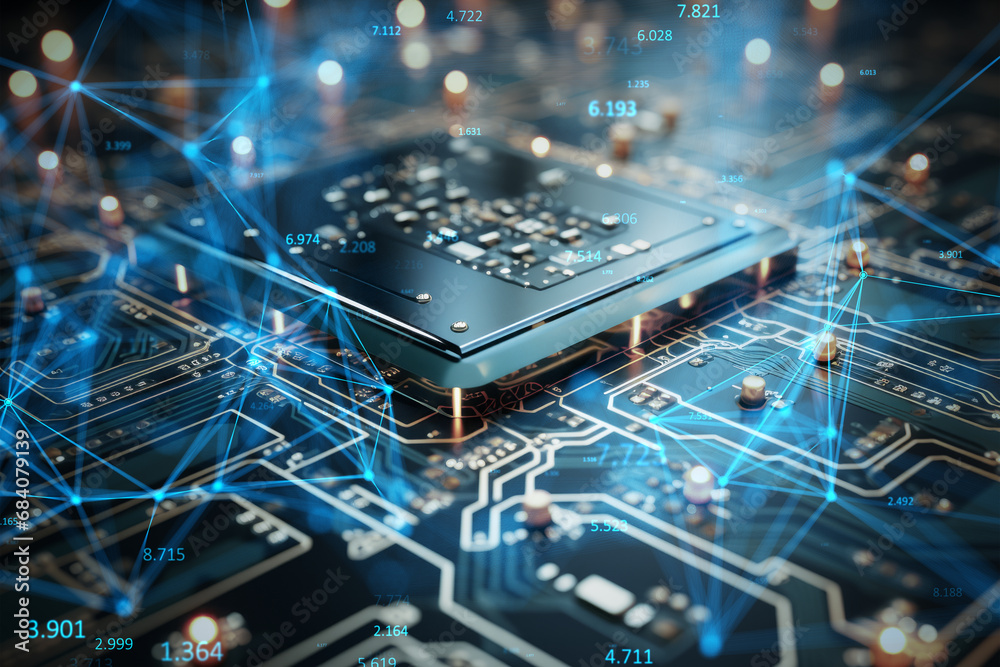 Poster Advanced microprocessor chip on a circuit board, Generative AI