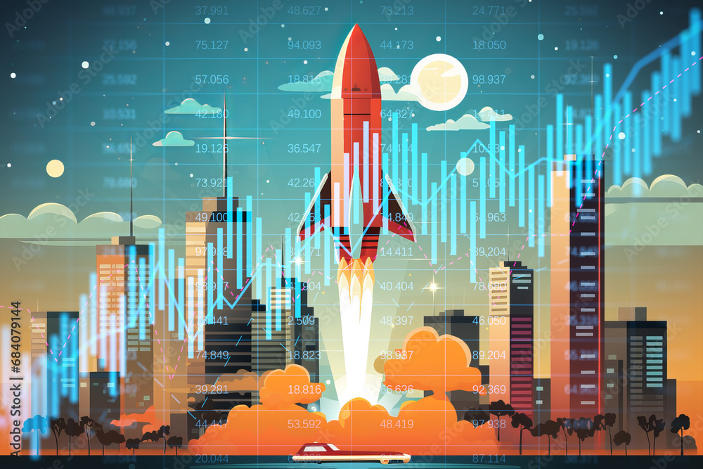 Poster startup launch concept with rocket and financial charts in cityscape, generative ai