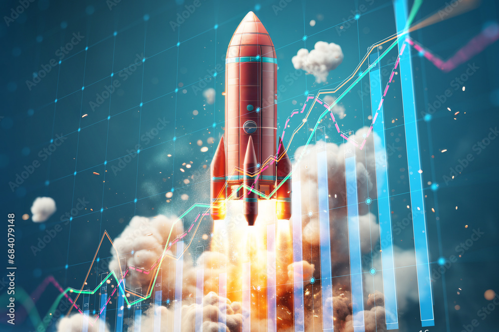 Poster rocket launch on financial graph representing market surge, generative ai