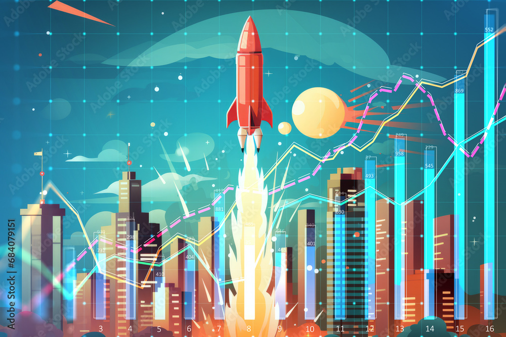 Poster rocket launch on stock market data background in cityscape, generative ai