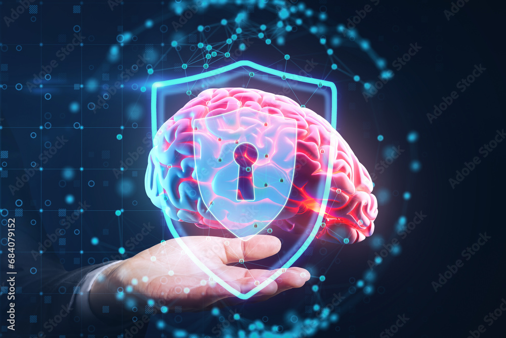 Poster hand holding a brain with digital security shield, tech concept, generative ai