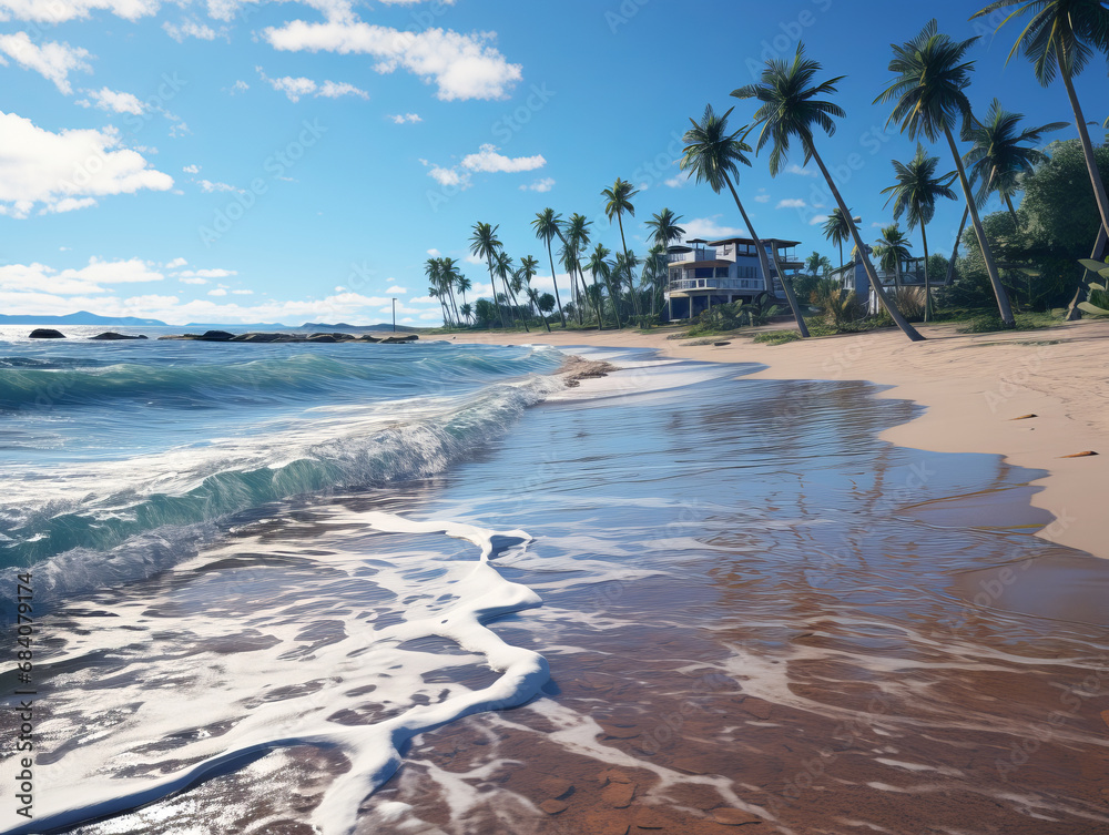 Poster inviting beachfront with palm trees and reflective water. vacation and leisure concept. generative a