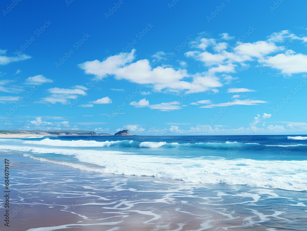 Poster Vast beach with dynamic waves under an expansive blue sky. Freedom and adventure concept. Generative AI
