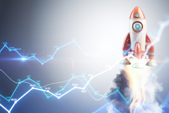 Rocket launch on upward trend financial graph, investment concept, Generative AI
