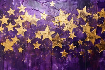 抽象油絵バナー）ダーク紫背景にメタリックな金色のラフな星柄