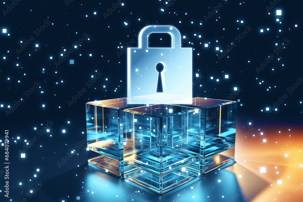 Aufkleber Illuminated digital lock encapsulated in cubic glass structures, depicting cybersecurity and data protection. Generative AI