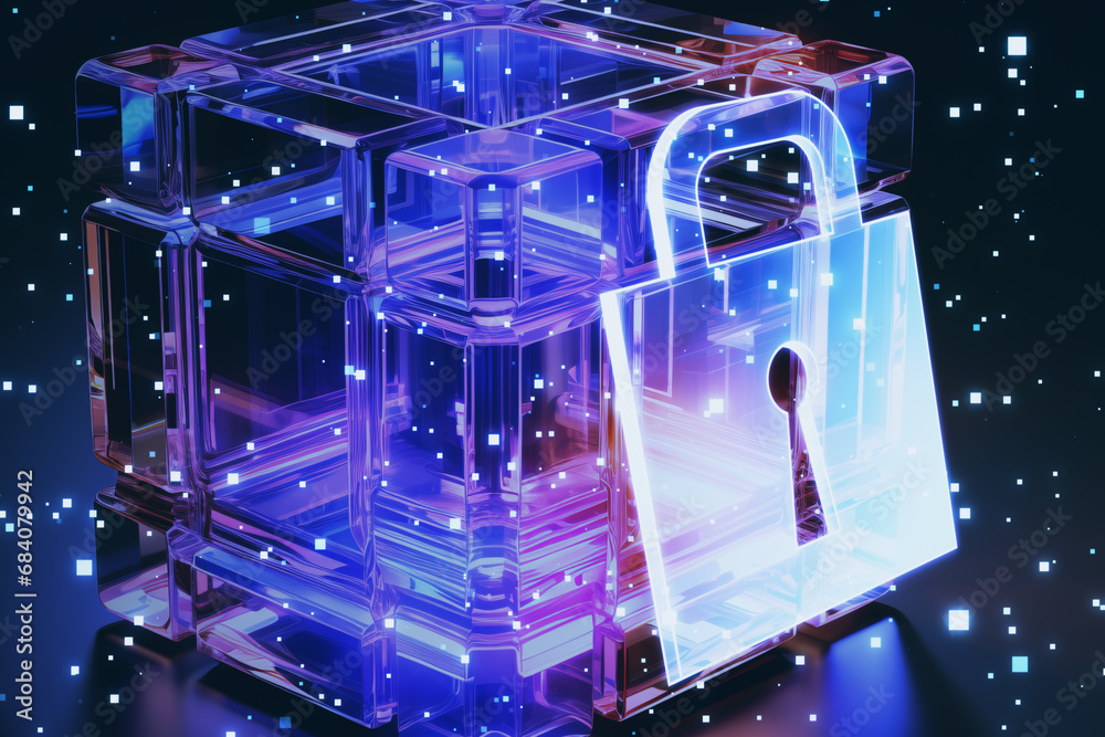 Poster Futuristic 3D padlock in a glowing digital space, symbolizing advanced data encryption and cybersecurity. Generative AI
