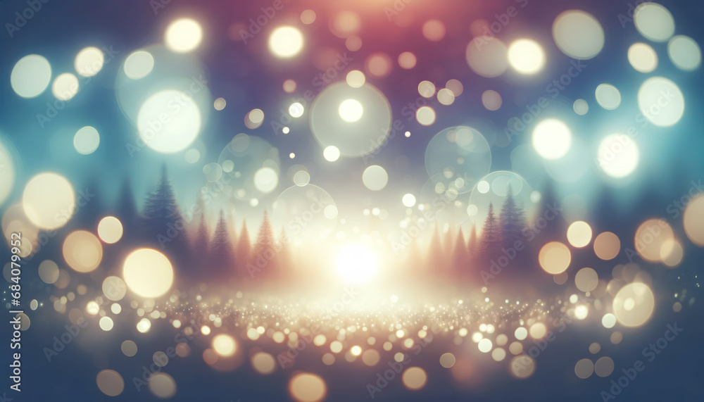 Poster soft golden bokeh over a snowy winter forest landscape. enchanted evening concept. generative ai