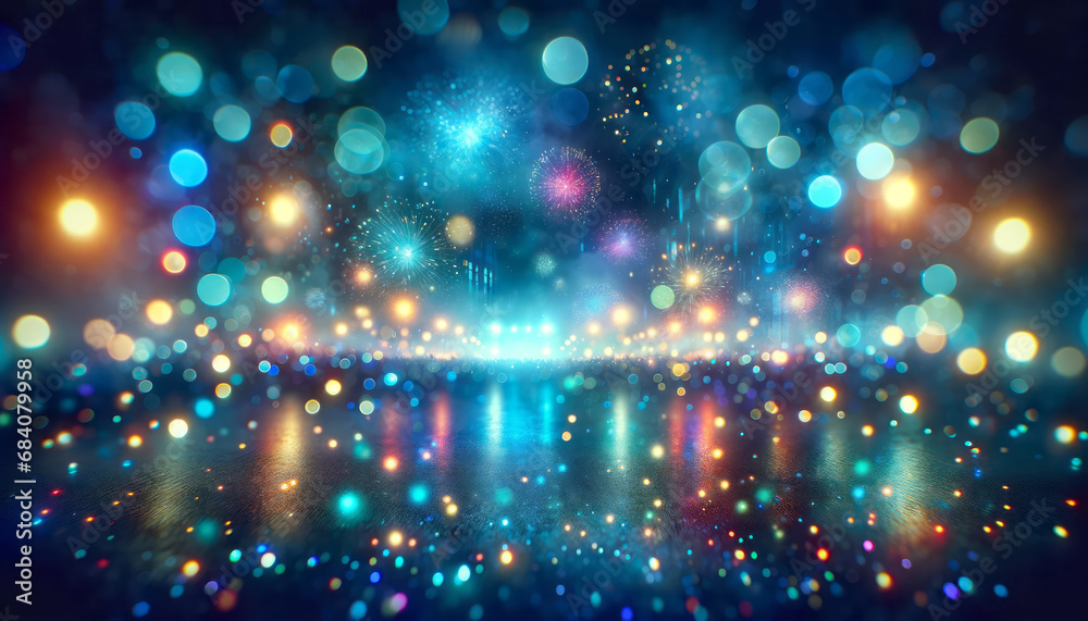 Poster vibrant bokeh lights with fireworks effect, celebration and party concept. generative ai