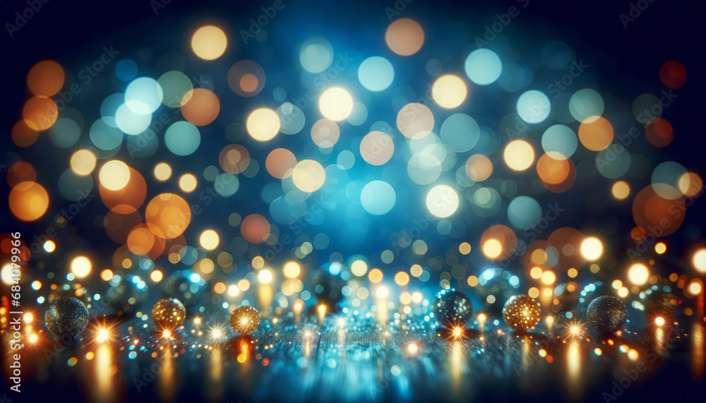 Poster luminous bokeh balls overlaying a festive glitter background. generative ai
