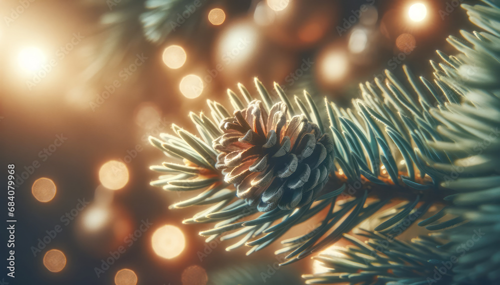 Poster close up of a frosty pine cone with pine branches and warm bokeh lights, christmas elegance backgrou