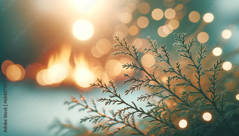 Poster christmas background with fir branches, bokeh lights and snowflakes. generative ai