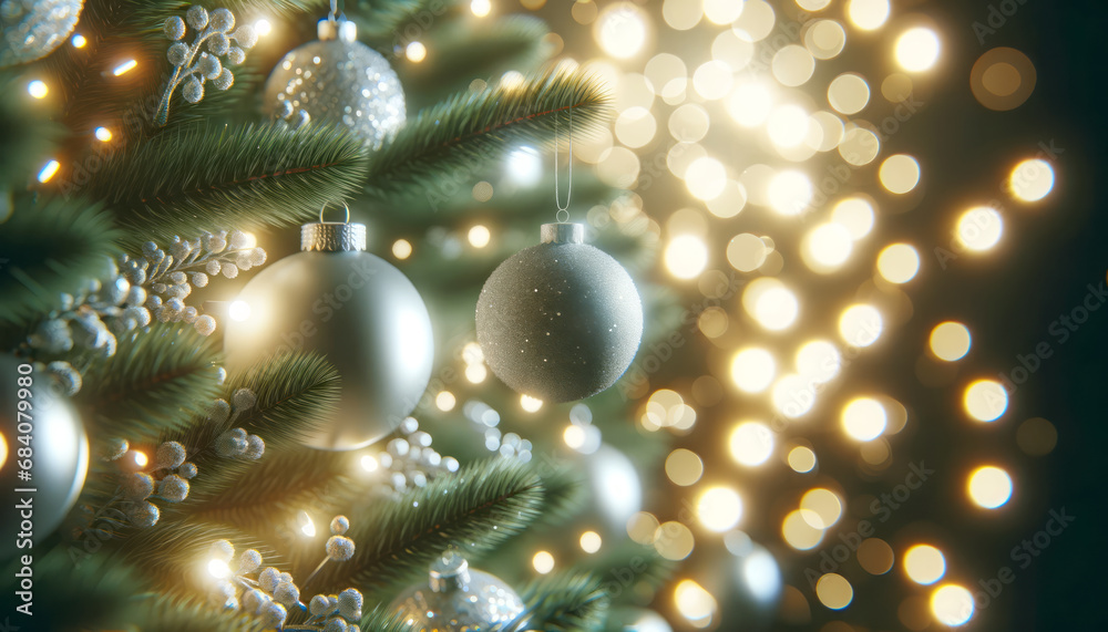 Aufkleber christmas tree with decorations on bokeh background. generative ai