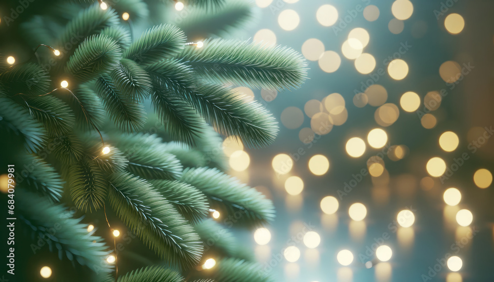 Poster Christmas background with fir branches, bokeh lights and copy space. Generative AI