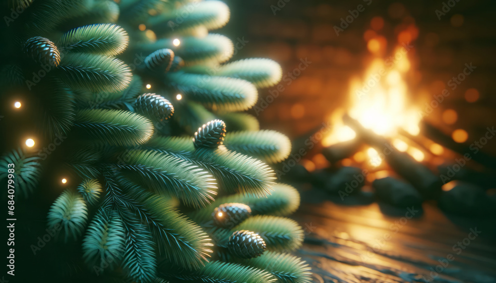 Poster christmas tree on the background of a burning fireplace. generative ai