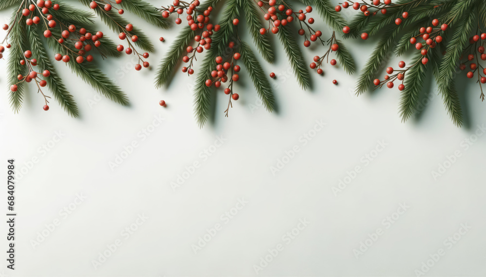 Poster Christmas background with fir branches and red berries on white background. Generative AI
