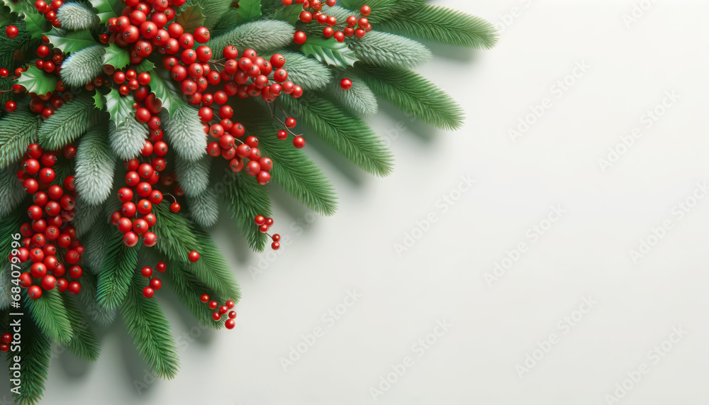 Aufkleber christmas background with fir branches and red berries. top view. copy space. generative ai