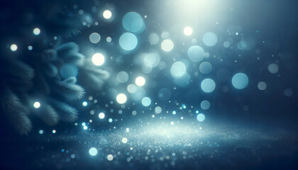 Twinkling blue bokeh dots adorning the winter night sky over snowy terrain. Winter serenity concept. Generative AI