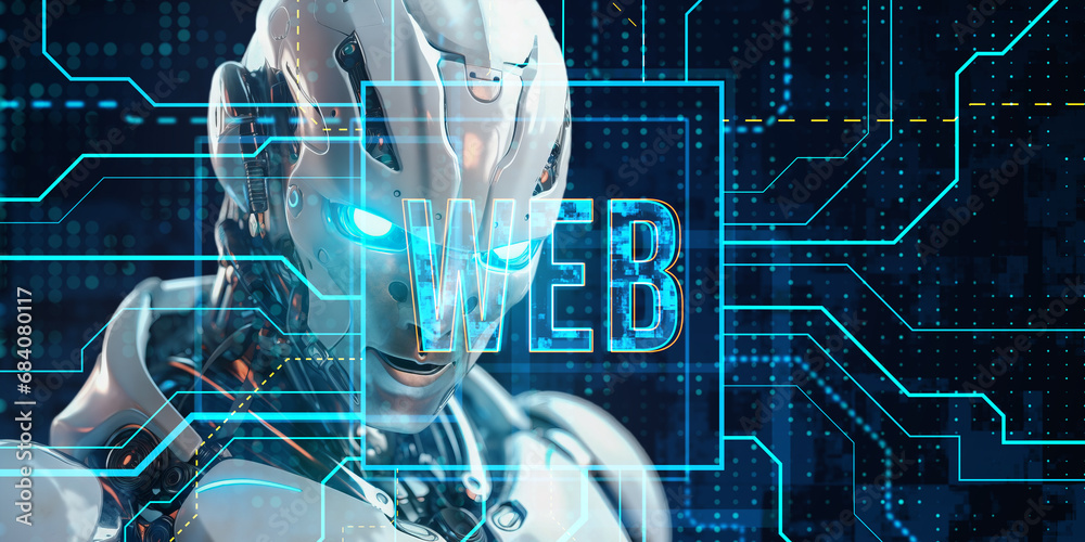 Poster Robot with digital Web overlay, futuristic AI concept. Generative AI